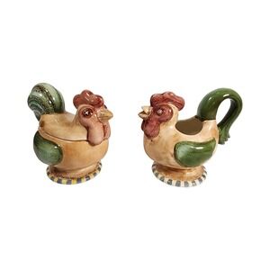 Gibson Patchwork Rooster Creamer and‎ Sugar Bowl Set Hand Painted Ceramic 5.5in
